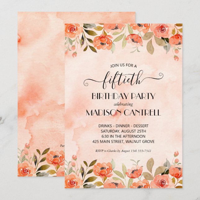 Watercolor Floral Birthday Party Invitation (Front/Back)
