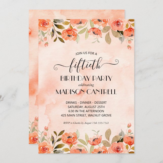 Watercolor Floral Birthday Party Invitations (Front/Back)