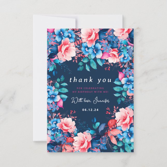 Watercolor Floral Birthday Thank You Table Navy (Front)