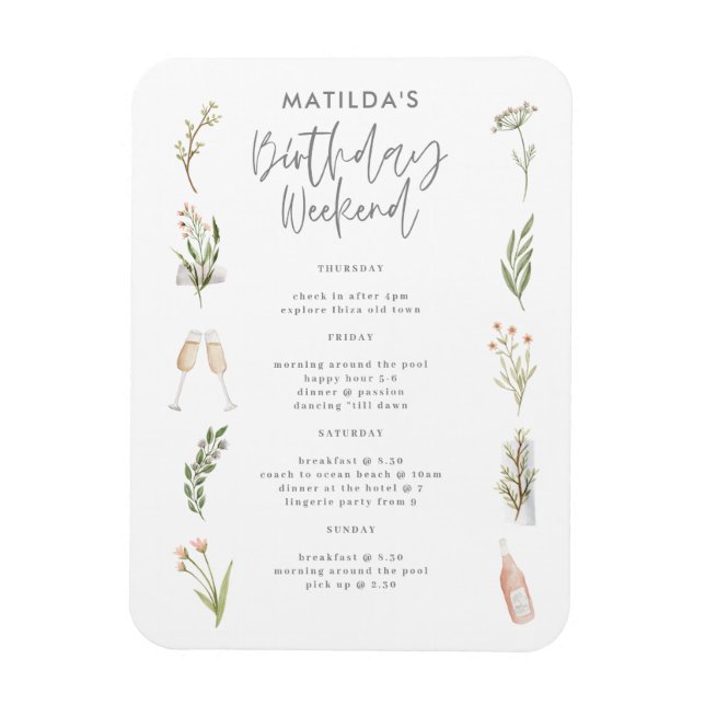 Watercolor floral birthday weekend itinerary magnet (Vertical)