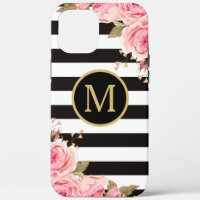 Watercolor Floral Black and White Stripes Monogram