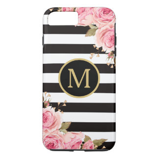 Watercolor Floral Black and White Stripes Monogram Case-Mate iPhone Case