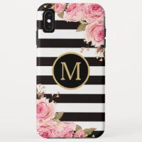 Watercolor Floral Black and White Stripes Monogram