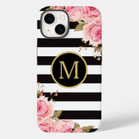 Watercolor Floral Black and White Stripes Monogram