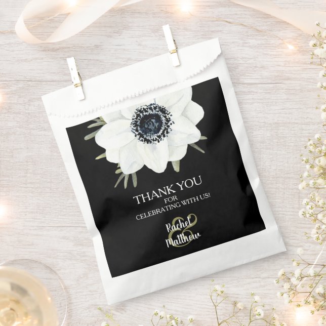 Watercolor Floral Black and White Wedding Favour Bag (Clipped)