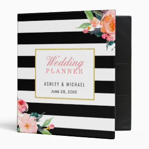 Watercolor Floral Black Stripes Wedding Planner Binder