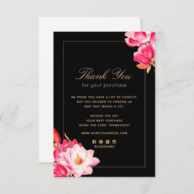 Watercolor Floral Black Thank you Purchase  Card (Front/Back)