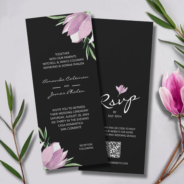 Watercolor Floral Black Wedding All-In-One Invitation (Elegant purple magnolias QR code all-in-one wedding invitations - INSTANT DOWNLOAD and/or PRINTED)