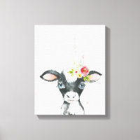 Watercolor Floral Black & White Cow Art