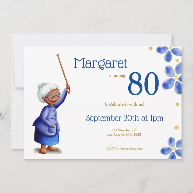 Watercolor Floral Black Woman 80th Birthday Invitation (Front)