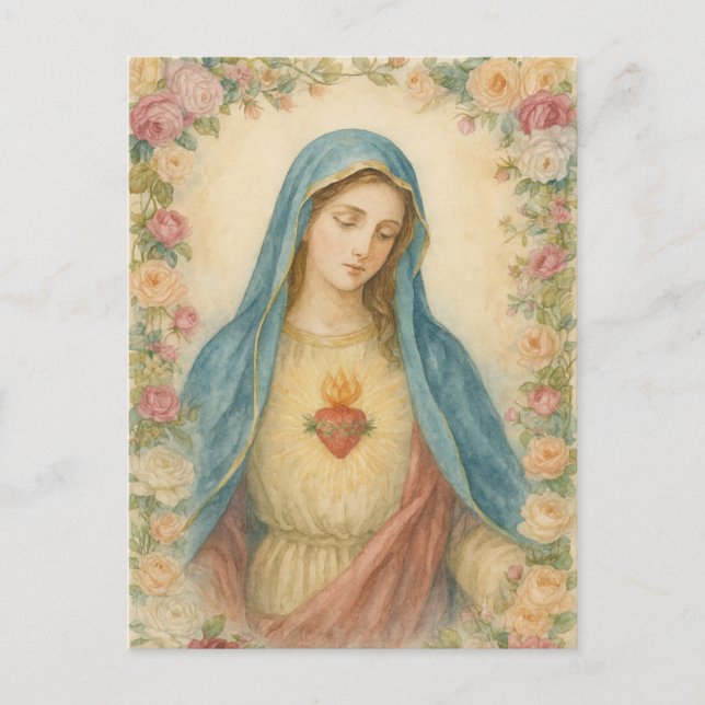 Watercolor Floral Blessed Mother Mary Catholic Postcard (Front)