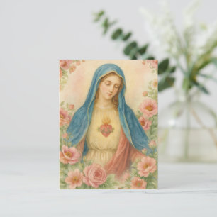 Watercolor Floral Blessed Mother Mary Catholic Postcard