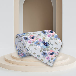 Watercolor Floral Blue and Pink Floral pattern Tie