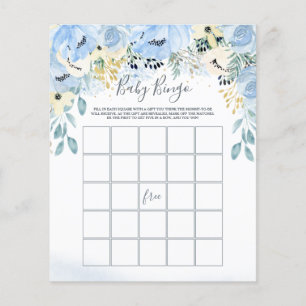 Watercolor Floral Blue Baby Shower Bingo Game 