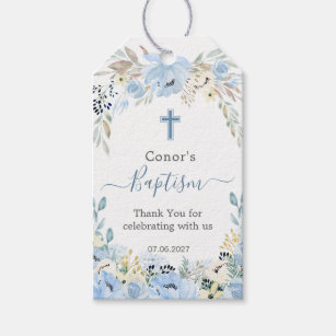 Watercolor Floral Blue Baptism  Thank You Gift Tag