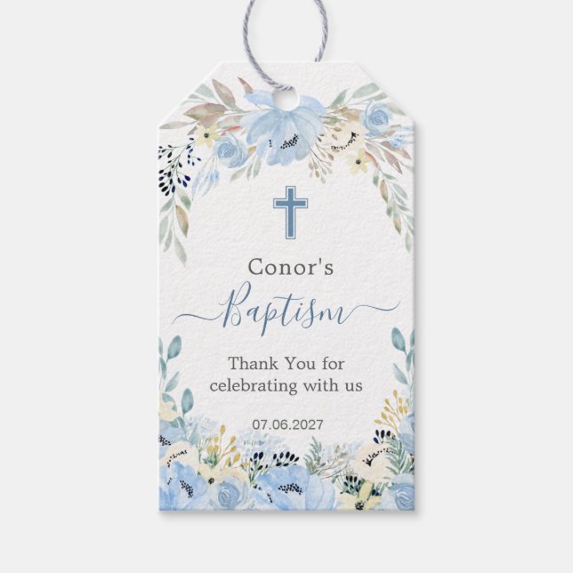 Watercolor Floral Blue Baptism  Thank You Gift Tag (Front)