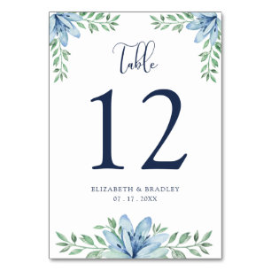 Watercolor Floral Blue Bloom Wedding Table Number