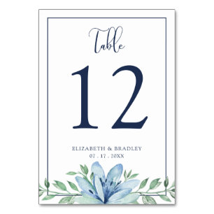 Watercolor Floral Blue Bloom Wedding Table Number