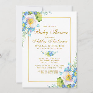 Watercolor Floral Blue Gold Baby Shower Invitation