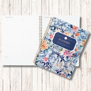 Watercolor Floral Blue Logo Modern Monogram Planner