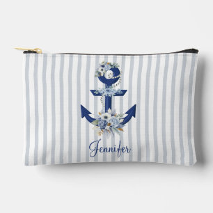 watercolor floral blue nautical stripes name chic accessory pouch