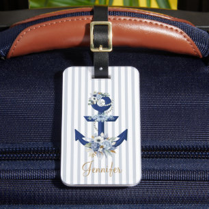 watercolor floral blue nautical stripes name gold luggage tag