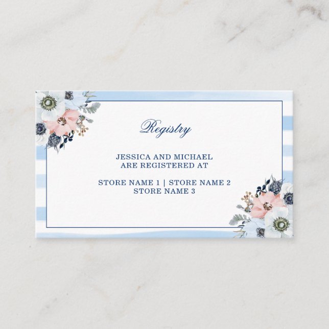Watercolor Floral Blue Stripes Beach Registry Enclosure Card (Front)
