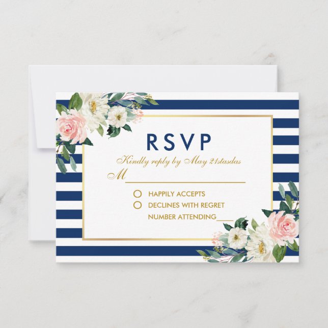 Watercolor Floral Blue Stripes Wedding RSVP (Front)
