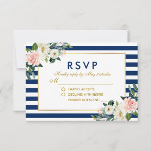 Watercolor Floral Blue Stripes Wedding RSVP Card
