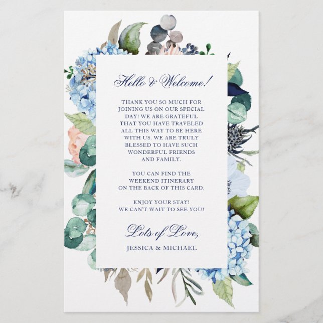 Watercolor Floral Blue Wedding Welcome Itinerary (Front)
