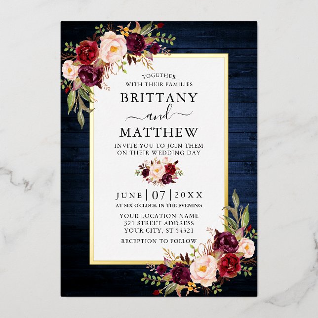 Watercolor Floral Blue Wood Wedding Gold (Front)