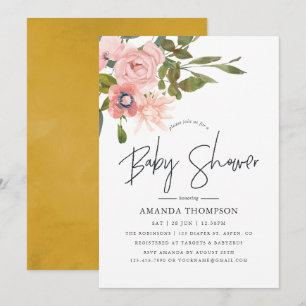 Watercolor floral Blush and Gold Baby Shower Invitation