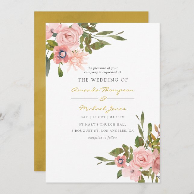 Watercolor floral Blush and Gold Wedding Invite (Front/Back)