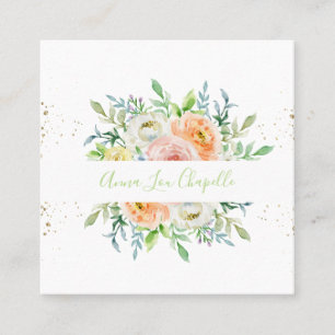 Watercolor floral blush and green square business card