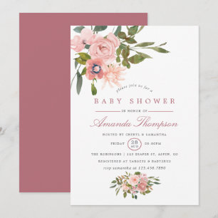 Watercolor floral Blush and Rose Gold Baby Shower Invitation