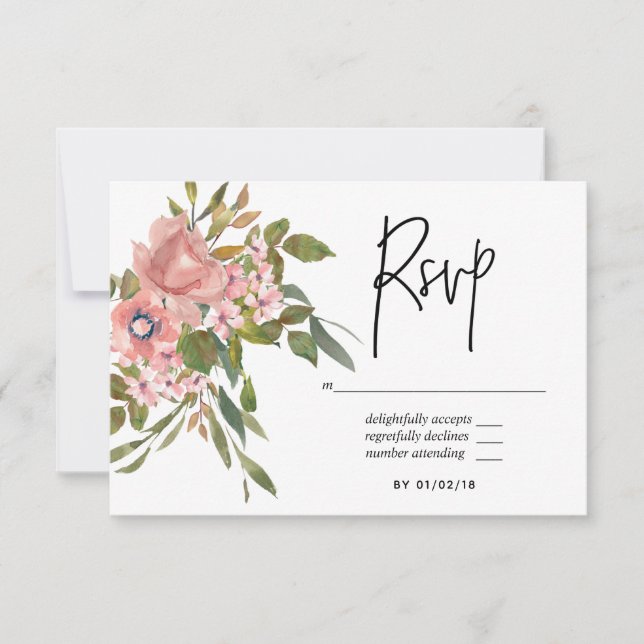 Watercolor floral Blush and Rose Gold Wedding RSVP (Front)