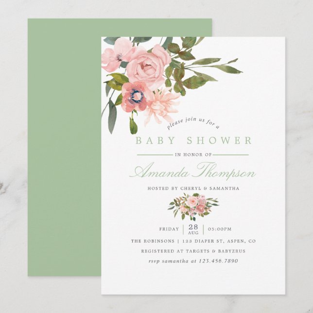 Watercolor floral Blush and Sage Baby Shower Invitation (Front/Back)