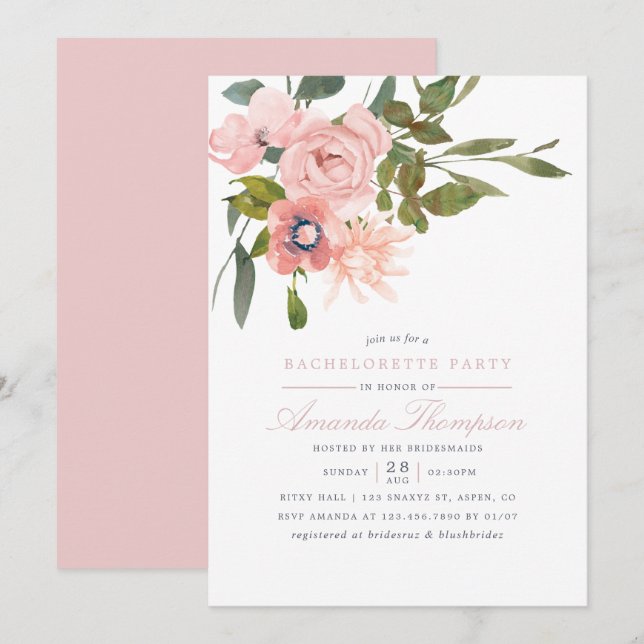 Watercolor floral Blush Pink Bachelorette Party Invitation (Front/Back)