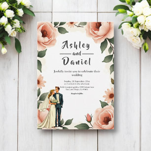 Watercolor Floral Blush Pink Bride & Groom Wedding Invitation