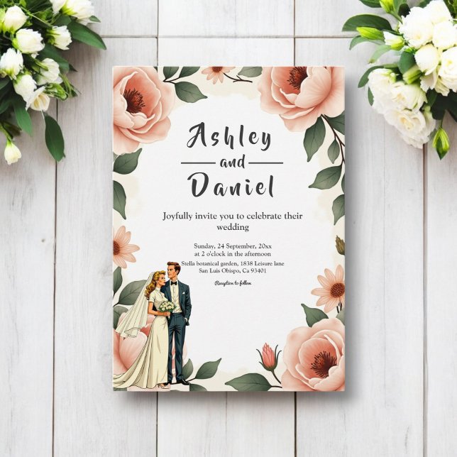 Watercolor Floral Blush Pink Bride & Groom Wedding Invitation (Creator Uploaded)