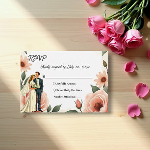 Watercolor Floral Blush Pink Bride & Groom Wedding RSVP Card