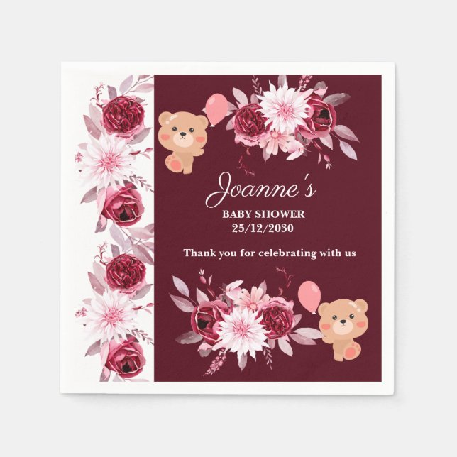 Watercolor Floral Blush Pink Burgundy Baby Shower Napkin (Front)