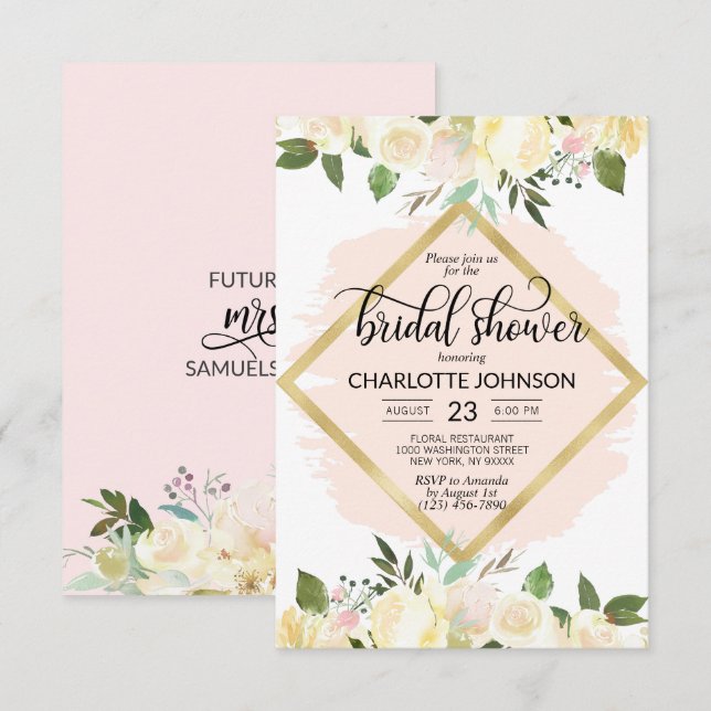 Watercolor Floral Blush Pink Gold Bridal Shower Invitation (Front/Back)