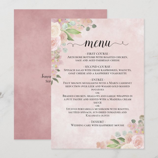 Watercolor Floral Blush Pink & Mauve Wedding Menu (Front/Back)