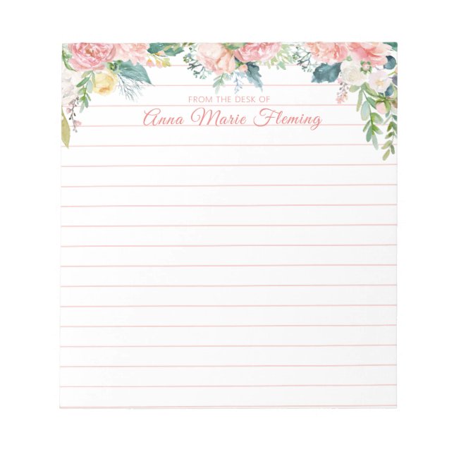 Watercolor Floral Blush Pink Rose Script Lined Notepad (Front)