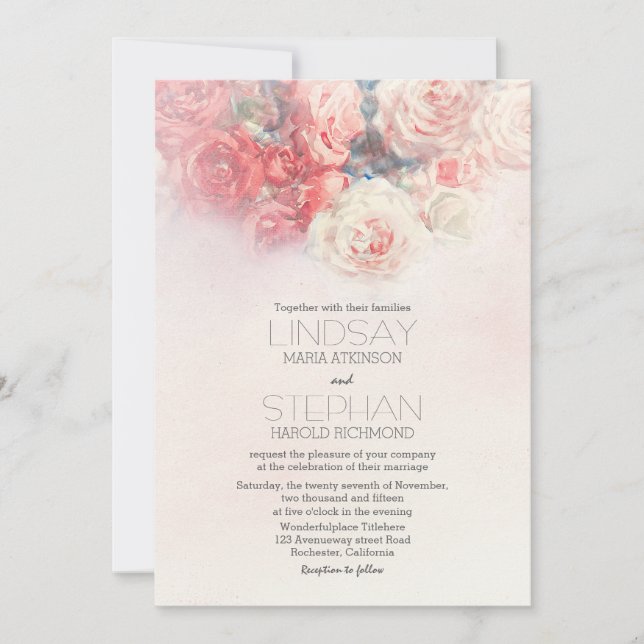 watercolor floral blush pink wedding invitations (Front)