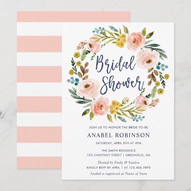 Watercolor Floral Bohemian Wreath Bridal Shower Invitation (Front/Back)