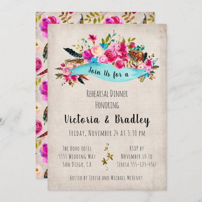 Watercolor Floral Boho Chic Rehearsal Dinner Invitation (Front/Back)
