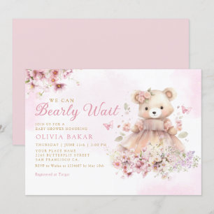Watercolor Floral Boho Teddy Bear Girl Baby Shower Invitation