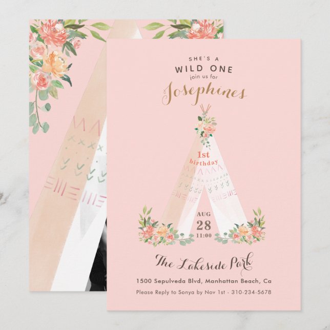 Watercolor Floral Boho Tribal Teepee Wild One Invitation (Front/Back)